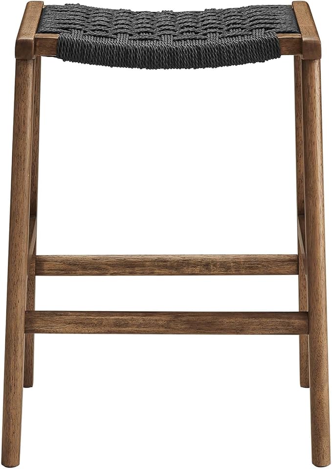 Modway Saoirse Woven Rope Wood Counter Stool - Set of 2 in Walnut Black