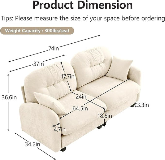 KEIKI 74" Oversized Chenille Modular Sectional Loveseat Sofa with High-Density Foam Cushions and Tufted Pleated Cushion Backrest, Upholstered 2-Seater Cloud Couch with 2 Pillow, for Living Room, Beige