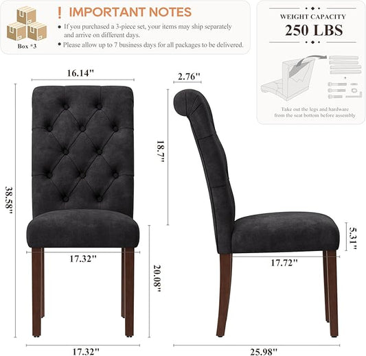 Upholstered Tufted Dining Room Chairs Set of 6, Parsons Kitchen Chairs with Padded Seat and Solid Wood Legs, Fabric Accent Side Diner Chair for Dining Room/Kitchen/Living Room, Black