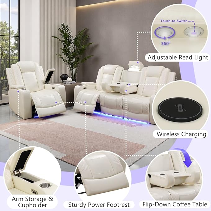 Leather Power Recliner Sofa Set with LED, Living Room Furniture Sets, 2 PCS Reclining Couches, Recliner Sofa and Chair Set with Arm Storage/Cup Holders/Charging Ports for Home Theater (Cream)