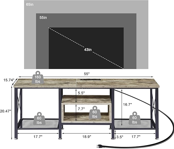VECELO TV Stand with Power Outlets for 65 Inch Industria Media Entertainment Center with Charging Station, 3-Tier Open Shelves & Metal Frame for Living Room, Bedroom, 55 Inch, Grey