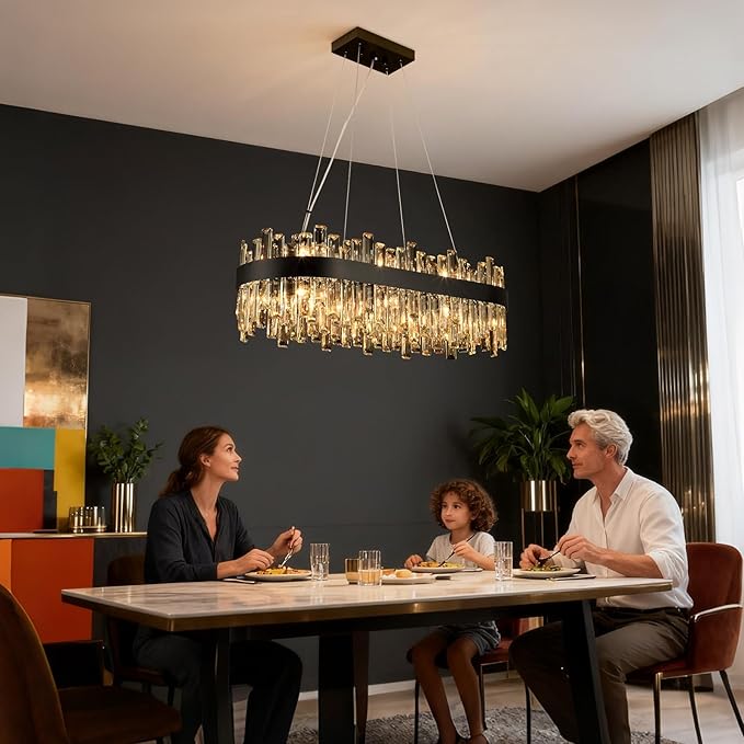 Black Crystal Chandeliers for Dining Room Lights Fixtures Over Table, 16 Lights Modern Rectangle 2-Tier Chandeliers for Kitchen Island Bar L32 Inch