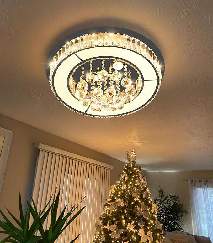 19.6'' Black Modern Crystal Chandeliers for Dining Room LED Dimmable Light Fixtures Flush Mount Light Living Room Bedrooms