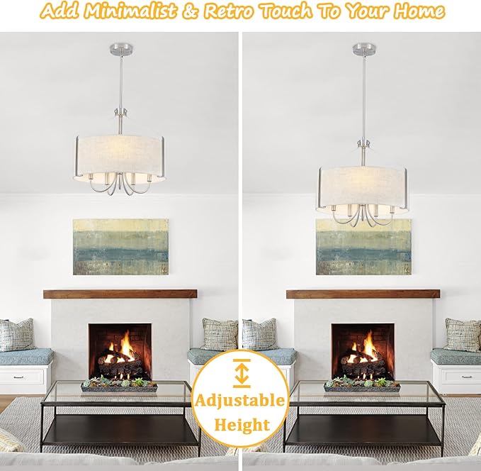 5-Light Modern Drum Chandelier for Dining Room 18" Farmhouse Pendant Light with Linen Lampshade – Brushed Nickel Chandelier for Kitchen Island, Living Room, Bedroom, Entryway & Foyer