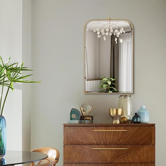 POZINO Brushed Gold Beveled Mirror, 20"x30" Vanity Wall Mirror for Over Sink, Stainless Steel Frame Mirrors with for Bathroom Bedroom Living Room Entryway Hallway Fireplace