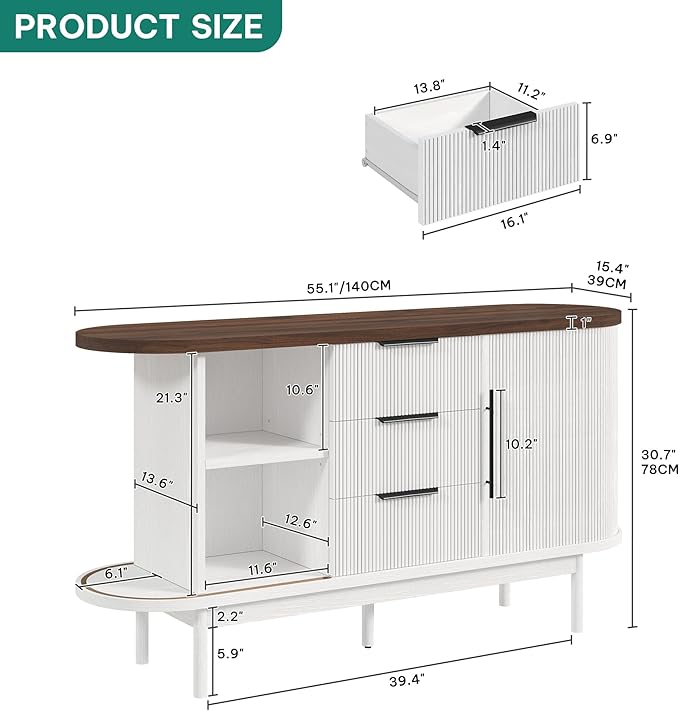 YITAHOME 55'' Fluted Buffet Cabinet with 3 Large Drawers, Fluted Sideboard Buffet Storage Cabinet with Adjustable Shelf & Sliding Door, Modern Coffee Bar for Kitchen, Entryway, White & Brown