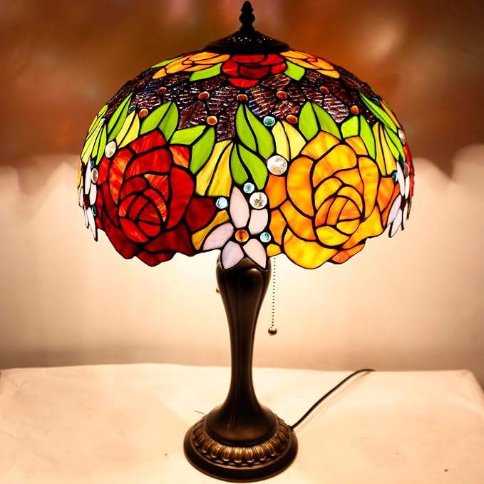 WERFACTORY Tiffany Table Lamp Stained Glass Bedside Lamp Red Rose 16X16X24 Inches Desk Reading Light Resin Base Decor Bedroom Living Room Home Office S001 Series