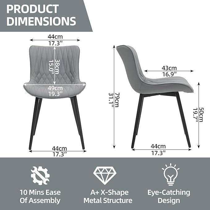Finnhomy Dining Chairs Set of 2, Mid-Century Modern Upholstered Dining Chairs, Armless Faux Leather Accent Chairs with Backrest, Living Dining Room Chairs with Metal Legs for Dining Room, Light Grey