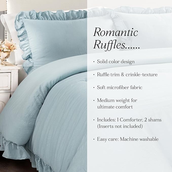 Lush Decor Reyna Ruffle Comforter Set, Full/Queen, Lake Blue, 3 Piece Cozy Bedding Set