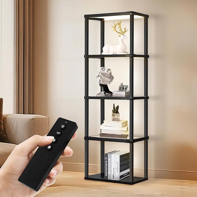 Tall Display Shelf Floor Lamp, Dimmable LED lamp with 3 Color Temperatures, Sturdy Glass Curio Cabinet Bookcase with Remote Control, Floor Lamp with Shelves for Living Room Decor, Collectibles (Black)