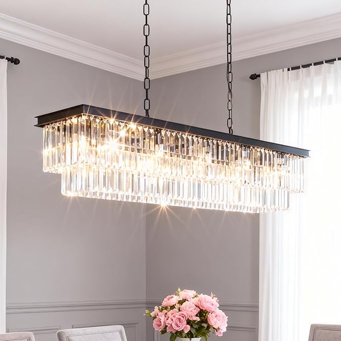 12-Lights Modern Rectangular Crystal Chandeliers Rectangle Contemporary Linear Pendant Ceiling Light Fixture for Kitchen Island Dining Room Bar, Black 47 Inch