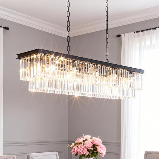 12-Lights Modern Rectangular Crystal Chandeliers Rectangle Contemporary Linear Pendant Ceiling Light Fixture for Kitchen Island Dining Room Bar, Black 47 Inch