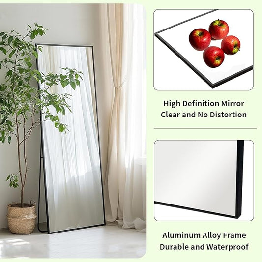 Floor Length Mirror, Wall Mirror Full Length with Aluminum Metal Frame, Floor Mirrors for Nursery, Baby Room, Bathroom, Entryway. (48x16 inch, Black)