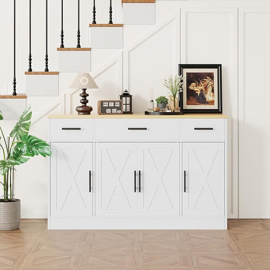 Shintenchi Buffet Cabinet with Storage,53.4" Large Kitchen Storage Cabinet with 3 Drawers and 4 Doors,Wood Farmhouse Buffet Sideboard with Adjustable Shelf for Kitchen Living Room, White