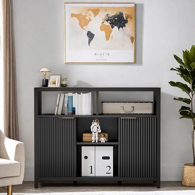 FONTOI Sideboard Buffet Cabinet, Thicken Wood Storage Cabinet with 4 Large Open Shelf, Farmhouse Cabinet with 2 Fluted Doors, Modern Accent Cabinet for Living Room, Kitchen, Entryway, Black
