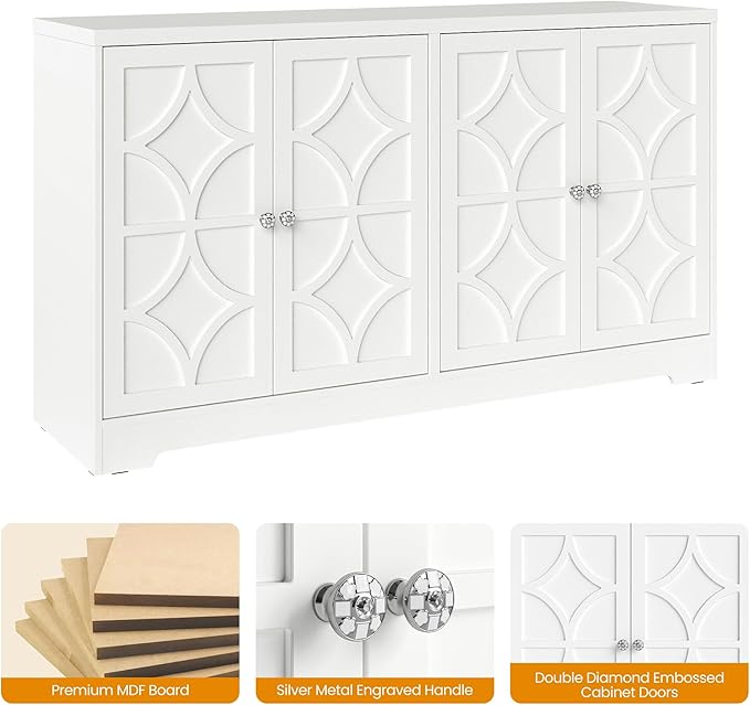 RoyalCraft 56'' Modern Kitchen Buffet Table with 4 Doors and Adjustable Shelves, Sideboard Buffet Cabinet with Storage, Wood Credenza Accent Coffee Bar Cabinet for Entryway, Living Room, Satin White