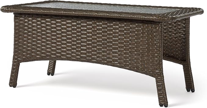 Tribesigns Outdoor Wicker Coffee Table with Hammered Glass Top, Hand PE Rattan Wicker Patio Furniture Set, All-Weather Rectangular Patio Table for Deck, Backyard, Porch, Poolside