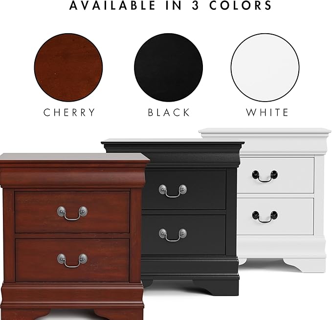 Furniture of America Arabella Traditional Solid Wood Nightstand with Drawers and Antique Nickle Handles, Small Bedside Table, No Assembly Wooden Night Stand for Bedroom, Guest Room, Dorm, Cherry