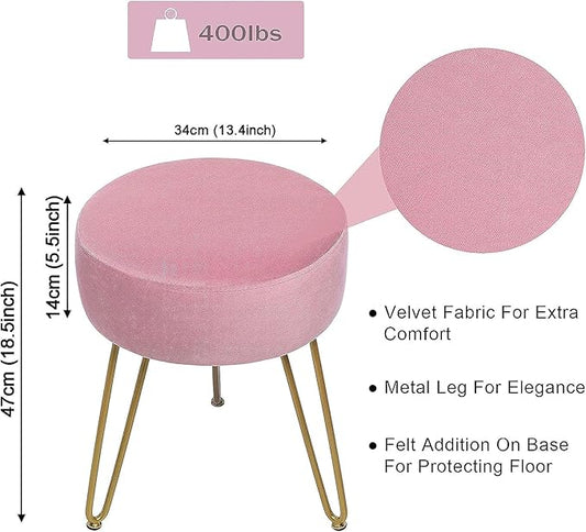 Velvet Soft Modern Vanity Stool -Round Footrest Stool Ottoman Side Table Seat Dressing with Golden Metal Leg and Sponge Filling,Upholstered Foot Rest, for Living Room and Bedroom Pink