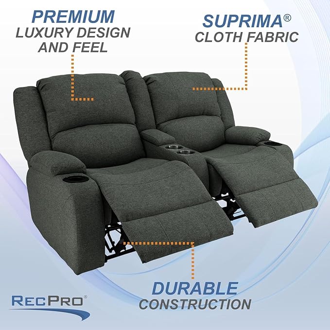 RecPro Charles Powered Double Recliner Sofa & Loveseat | Wall Hugger RV Furniture | Cloth (Fossil, 64")