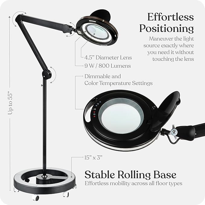 Brightech Lightview Pro Magnifying Glass with Stand & Light, Magnifying Floor Lamp with 6-Wheel Rolling Base for Facials & Lashes – Dimmable LED Work Light for Crafts, Sewing, and Projects - 3 Diopter