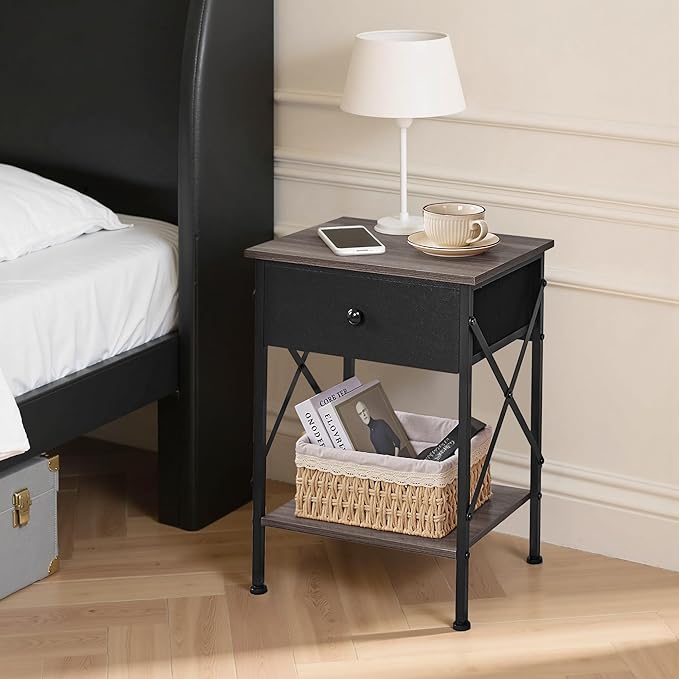 VECELO Nightstand, X-Design End Side Table with Fabric Storage Drawer and Open Shelf, Bedside Night Stand with Steel Frame for Bedroom, Living Room,Dorm, Easy Assembly, Gray