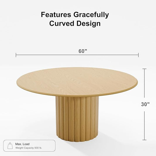 Casaphoria 60" Round Dining Table, Modern Wood Kitchen Table with Cylindrical Wide Bar Protruding Base for Living Room & Dining Room, Easy Assembly Farmhouse Furniture for 4-6, Oak
