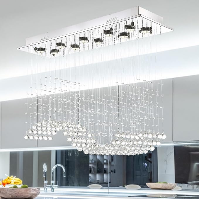Siljoy 10 Lights Rectangle Wave Raindrop Crystal Chandelier Modern Rectangular Flush Mount Crystal Ceiling Light for Dining Room Living Room Kitchen Island L40'' x W11.8'' x H35.4''