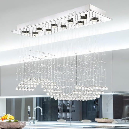 Siljoy 10 Lights Rectangle Wave Raindrop Crystal Chandelier Modern Rectangular Flush Mount Crystal Ceiling Light for Dining Room Living Room Kitchen Island L40'' x W11.8'' x H35.4''