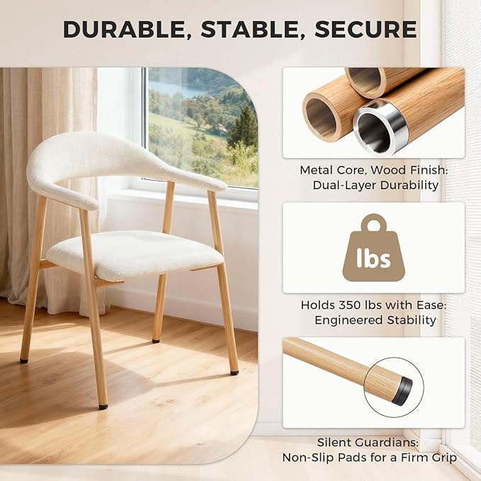 DUMOS Dining Chairs Set of 2, Modern Linen Fabric Upholstered Kitchen Side Chairs with Curved Backrest, Accent Farmhouse Metal Chairs for Kitchen Dining Room Restaurant Cafe, Beige
