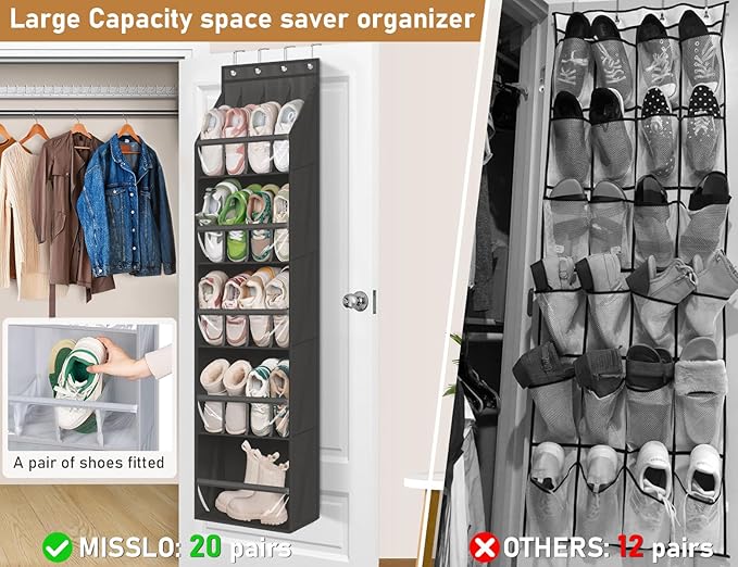 MISSLO 20 Pairs Over the Door Shoe Organizer for Closet Narrow Hanging Shoe Rack for Door Hanger Deep Pocket Door Shoe Holder Storage for Boots, Size 13 Sneakers, Black