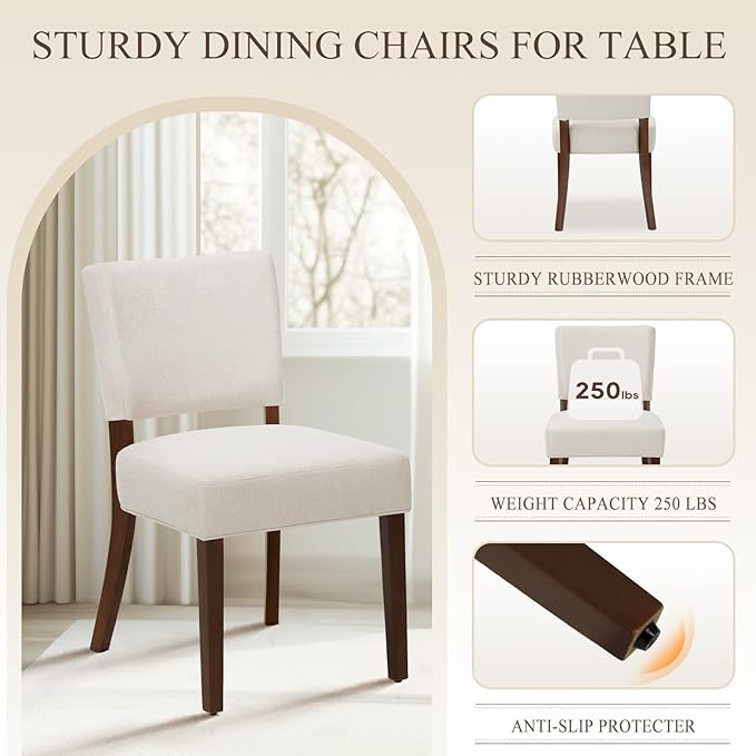 COLAMY Upholstered Dining Chairs Set of 2, Fabric Kitchen Chairs with Padded Seat & Back, Solid Wood Legs, Modern Simple Dining Room Chairs for Kitchen, Dining Room, Living Room, Beige