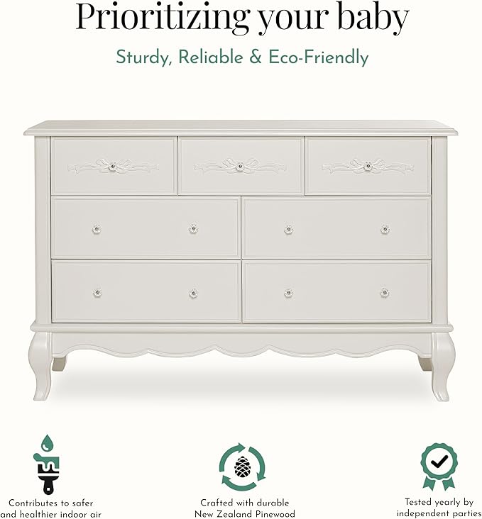 Evolur Aurora 7-Drawer Nursery Dresser – Ivory Lace | Assembled Double Dresser with Crystal Knobs, Queen Anne Legs, Large Storage for Baby Essentials