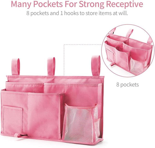 Bseash Bunk Bed Organizer, Bedside Caddy Hanging Bed Organizer Storage Bag 8 Pockets, for College Dorm Rooms Bed, Hospital Bed, Baby Bed Rails, 600D Oxford Cloth (Pink)