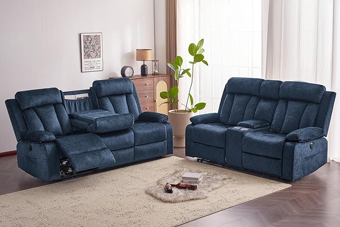 Velvet Power Reclining Sofa Set, Electric Recling Couch with Massage & Heat/Console/Cup Holder/USB & Type C, Modern Living Room Furniture Sofa Set (Blue, 3+2 Seat)