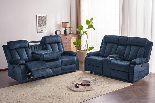 Velvet Power Reclining Sofa Set, Electric Recling Couch with Massage & Heat/Console/Cup Holder/USB & Type C, Modern Living Room Furniture Sofa Set (Blue, 3+2 Seat)