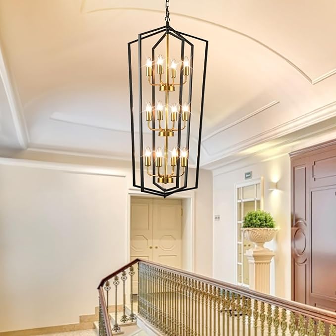 WJShome Modern Black and Gold Chandelier, 12-Light Tiered Lantern Pendant Light Fixture, Long Chandeliers for High Ceilings, Farmhouse Foyer Lighting Fixtures, for Living Room Staircase Entryway