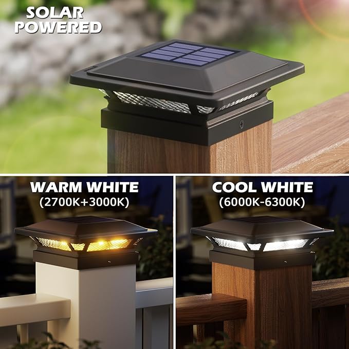SIEDiNLAR 4x4 Solar Post Cap Lights 16 LEDs 2 Modes 3.5x3.5 4x4 Wooden Vinyl Post Light Waterproof Outdoor for Deck Fence Garden Patio Decor, Warm/Cool White (12 Pack, Black)
