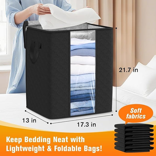 Clothes Storage Bags, 8-Pack Comforter Blanket Organizers, 80L Large Capacity Containers with Visual Window for Clothing, Quilt, Sheet, Pillow, Closet Organization for Bedding (Black)