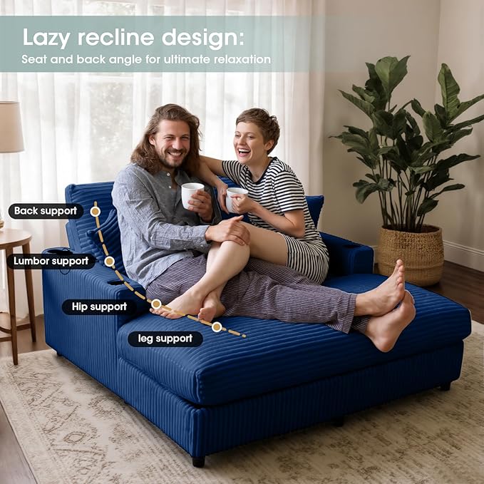 Eafurn 64" Oversized Chaise Lounge Chair Indoor, Plush Corduroy Upholstered Sofa Bed with Pillows & 2 Cup Holders, Extra Wide Deep Seat Sleeper Couch Recliner Chair for Living Room | Removable Cushions, Wooden Frame, Solid Legs