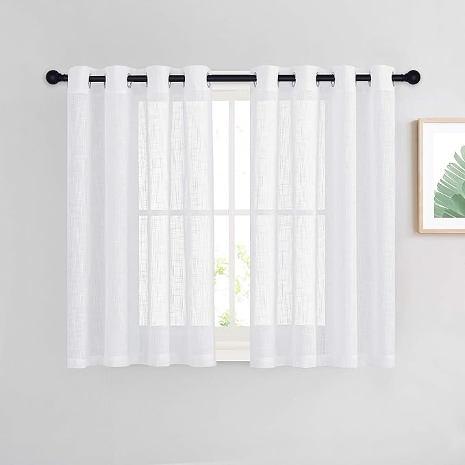 NICETOWN Sheer Curtains for Small Window - Thick Linen Look Window Covering Semi-Voile Drapes for Laundry with Grommet Top （White, 52 Inch Width, 45 Inch Length, 1 Pair