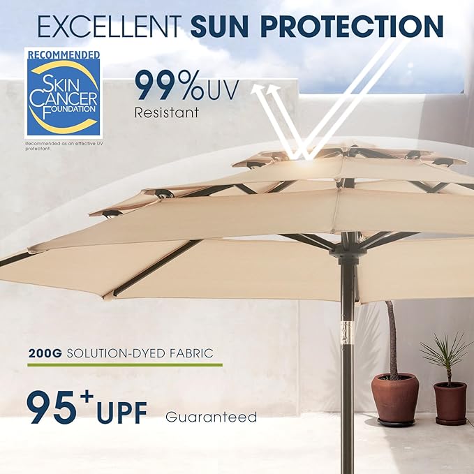 wikiwiki 10ft 3-Tier Patio Umbrella Outdoor Table Market Umbrella for Patio with Push Button Tilt/Crank, Fade Resistant Waterproof POLYESTER Canopy for Garden, Lawn, Deck, Backyard & Pool, Beige