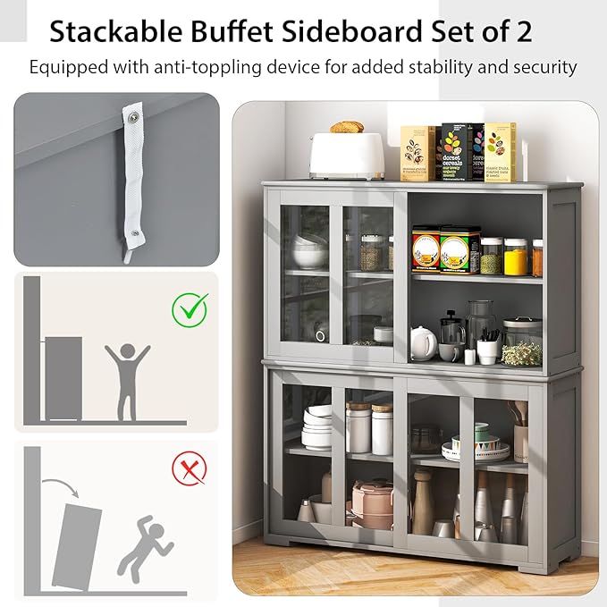 Byroce Sideboard Buffet Cabinet, Stackable Storage Coffee Bar Cabinet with Adjustable Shelf & Glass Sliding Doors, Wood Cupboard Credenza Console Table for Kitchen Dining Living Room (2, Grey)