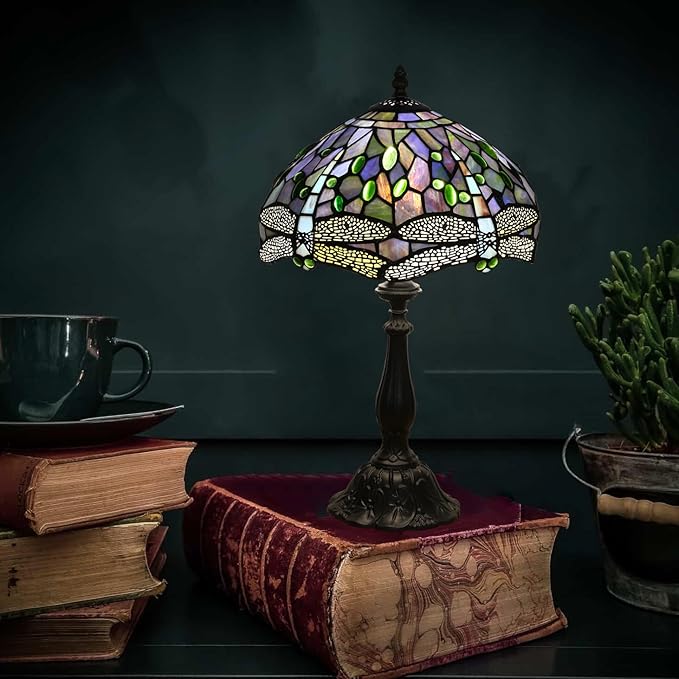 Tiffany Table Lamp Blue Dragonfly Stained Glass Table Lamps for Bedroom 12X12X19Inch 3 Way Color Temperatures Bedside Nightstand Home Office Desk Lamp Reading Lights with E26 LED Bulb
