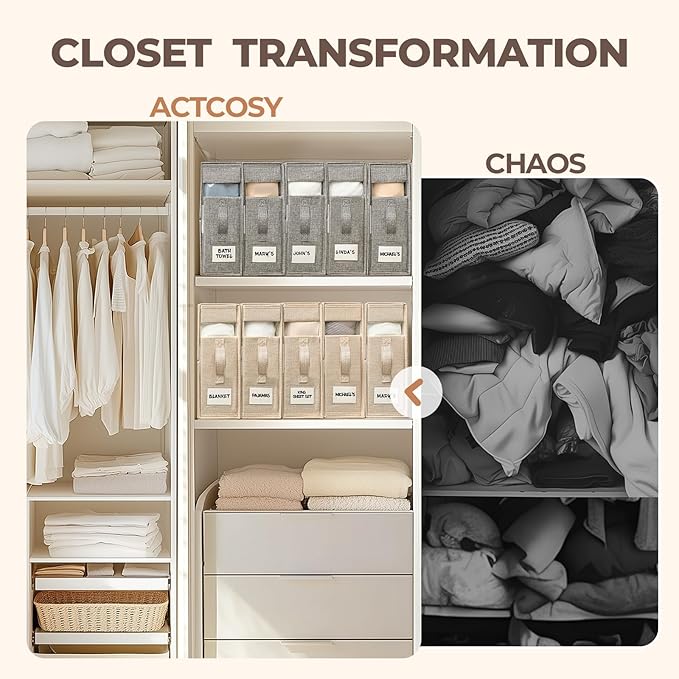 3Pack Sheet Organizers and Storage with Handles – Foldable Linen Closet Storage for King & Queen Sheet Sets – Clear Window & Removable Labels – Dustproof & Space-Saving Design, Beige
