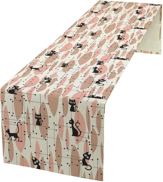 Mid Century Table Runner Vintage Pink Abstract Geometric Atomic Star Retro Black Cat Dining Table Decoration for Kitchen Dining Room 13x108in