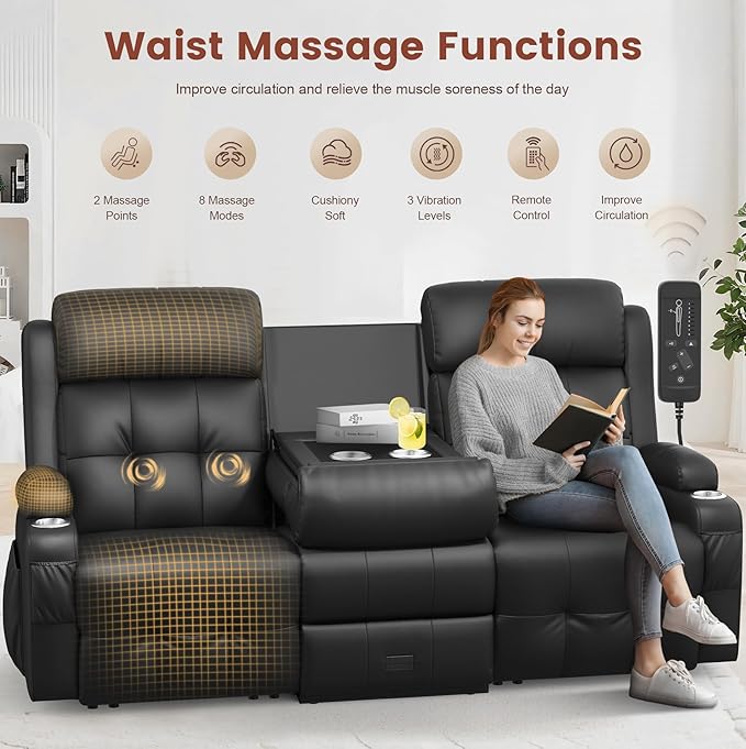Loveseat Recliner, 3 Seater Massage Reclining Sofa Sets Heavy Weight Capacity, RV Loveseat Couch Clearance with Drop Down Table, Storage, Cup Holders, Wall Hugger Reclining Couch for Living Room
