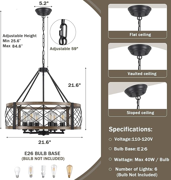 Modern Chandelier for Dining Room, 6-Light Wood Grain Finish Farmhouse Chandelier, 21.6” Brown Rustic Drum Hanging Light Kitchen Island, Round Metal Hanging Light Fixture for Foyer, Entryway, Bedroom