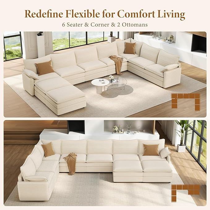Vesgantti 142" Cloud Couch Sectional Modular Sofa, Comfy Sectional Couch with Ottoman Deep Seat Chenille L Shaped Sofa, Modular Couches for Living Room, Bedroom and Apartment, Snow White | Sink-in Comfort, Height Adjustable, Easy Rearrangement, Extra-d...