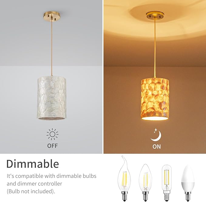 1-Light Capiz Shell Chandelier, Coastal Design, Modern Pendant Light Fixture for Dining Room, Living Room, Kitchen Island, D7 x H18~66"(Adjustable Height), Shell Lampshade & Gold Finish Frame